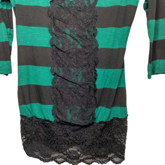 Vintage Y2K Daytrip Shirt Medium Green Black Strriped Deep V Neck Slim Lace Trim - Picture 9 of 14